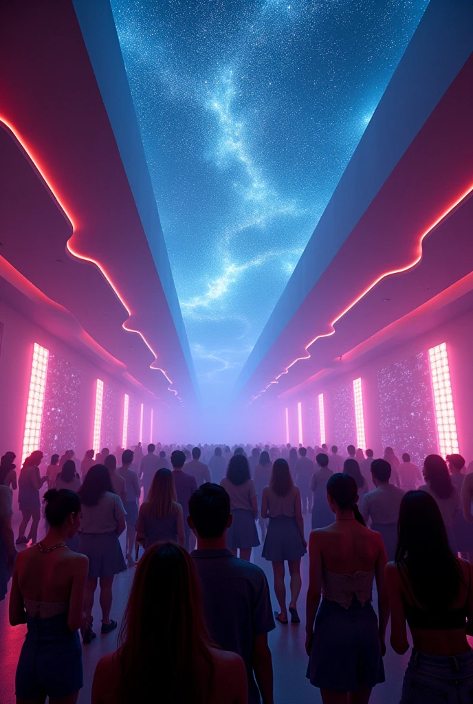 A Techno Club Where the ceiling is Opened up to the stars at night and everyone inside is staring at them