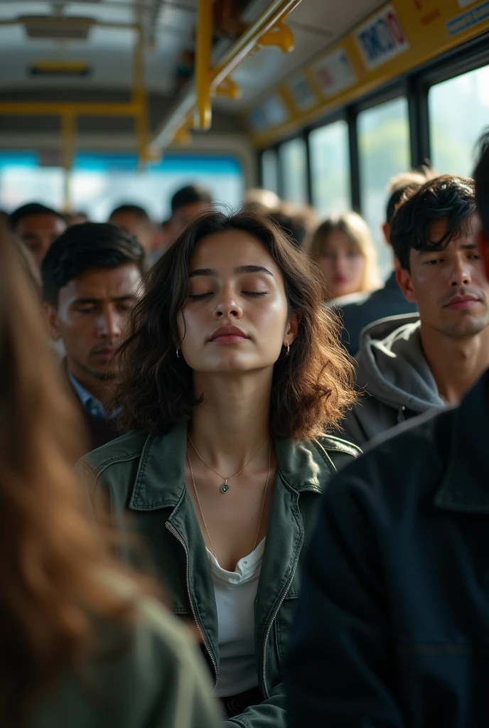 "Une photo d'une jeune femme assise dans un bus bondé. Elle a les yeux fermés et un visage serein, comme si elle était en train de se reposer ou de méditer malgré l'agitation autour d'elle. Le bus est rempli de passagers et l'atmosphère est animée, contrastant avec le calme de la jeune femme."