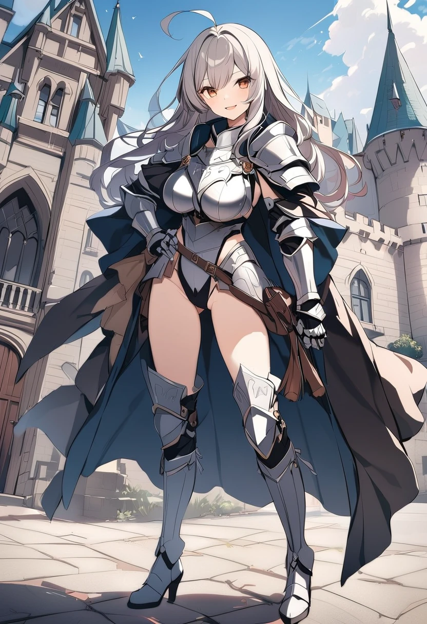 Woman knight、a beauty girl、huge tit、Excellent style、Nice Buddy、glamorous、leotard、s Armor、Bra chest armor、knee boots、gauntlets、hair adornments、silber hair、Longhaire、Ahoge、a medieval castle、is standing、full body seen、Outside the castle、natta、a smile、slightly open mouth