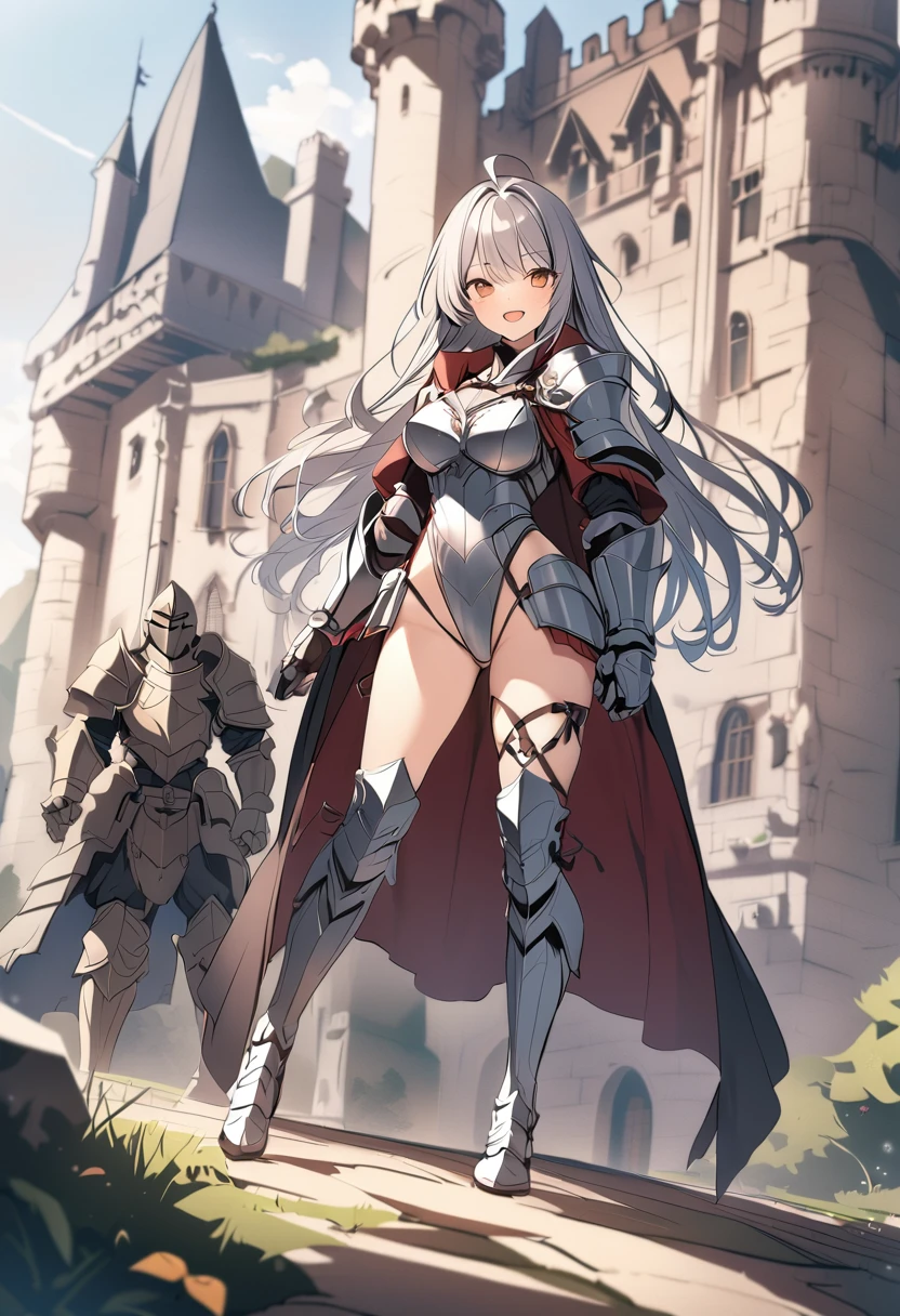 Woman knight、a beauty girl、huge tit、Excellent style、Nice Buddy、glamorous、leotard、s Armor、Bra chest armor、knee boots、gauntlets、hair adornments、silber hair、Longhaire、Ahoge、a medieval castle、is standing、full body seen、Outside the castle、natta、a smile、slightly open mouth