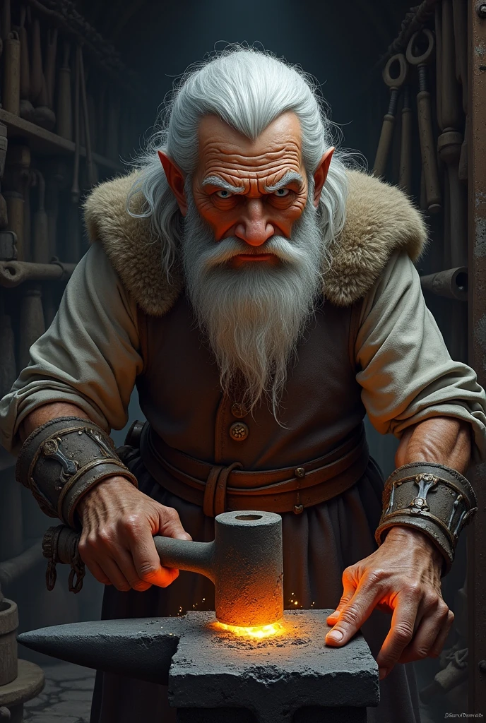 Old Viking Blacksmith, Scrawny, white hair, blue eyes and shoulder length hair.