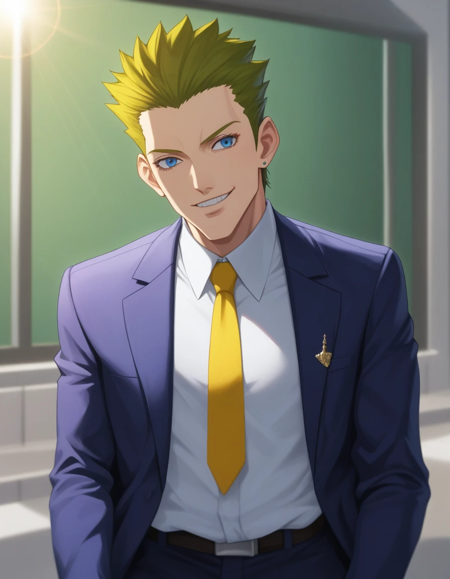 1man, dandy president, solid mature, spiked slicked back, darkblue eyes, businessman hairstyle, olive hair, ideal ratio body proportions, BREAK bold producer, toned gentleman, ordinary, high cheekbones, broad shoulder, square shaped face, 50yo, BREAK violet formal jacket, purplewhite shirt, yellow necktie, BREAK sexy smile, cool emotion, romance, BREAK solo, upperlegs, smart expression, visual novel, 2000s, in eroge style, in persona style, BREAK depth of field, dutch angle, cinematic shadows, cinematic lighting, lens flare, light leaks, texture, absurdres absolutely resolution, extreme all detailed, greatest painting, BREAK masterpiece, best quality, BREAK score_9, score_8_up, score_7_up, source_anime, rating_safe, score_6_up, score_5_up, score_4_up