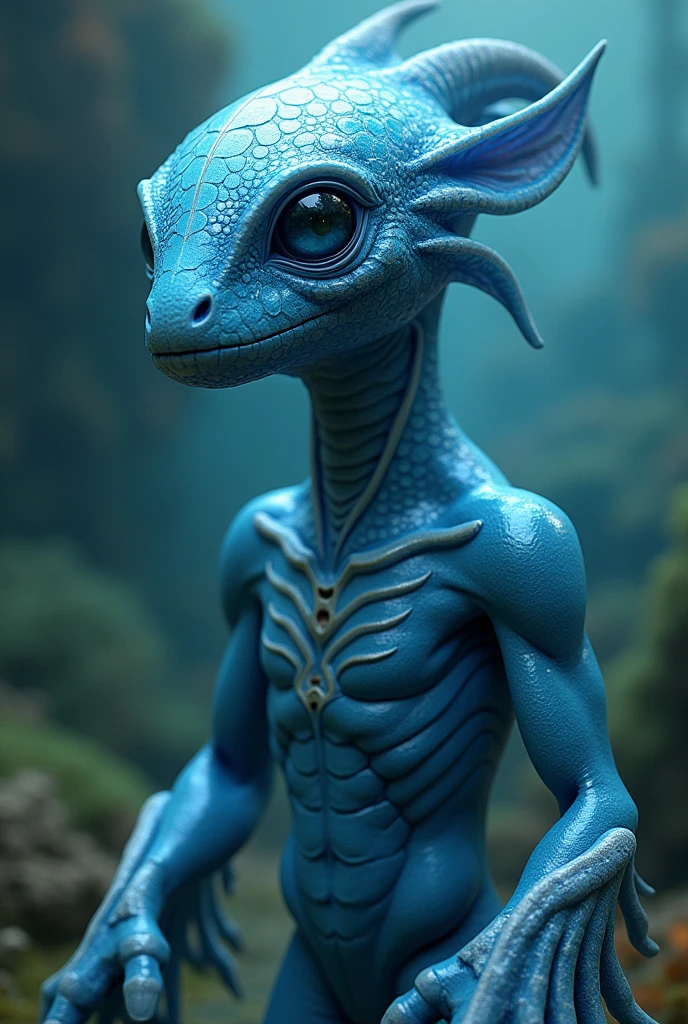 They are aquatic humanoid beings with blue skin and iridescent scales.. They have fins on their arms and legs., as well as gills on the neck, which allows them to breathe both in the water and on the surface. His eyes are large and deep blue., adapted to see in the darkness of the ocean depths.