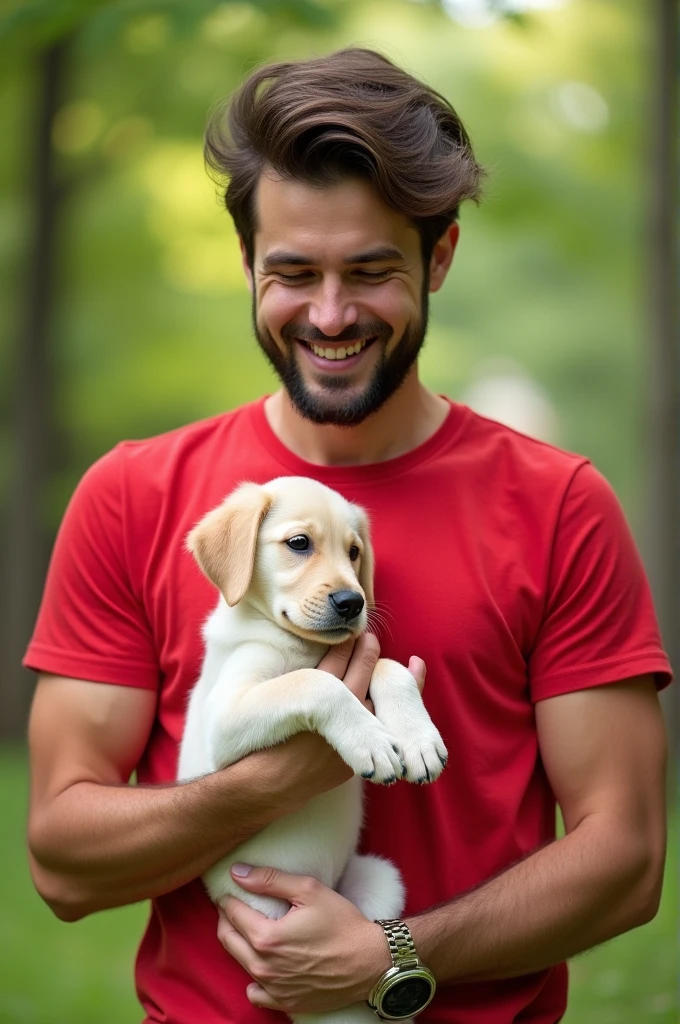 Create a image in which a fare white color men wearing red color t shirt holdinh a labradour puppy with yomgue outside in his hands standing in front of camera
