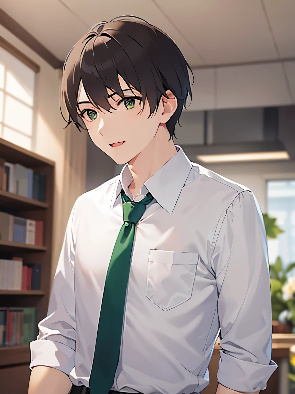 (looking away:1.5)Upper Body, (Shooting from behind:1.2)、 shiny skin, masterpiece、Highest quality、 (2 male:1.5) and (Brown short hair) and (Green Eyes), BREAK (white collared shirt) and (Green tie)、 smile,open mouth,Background in the office、(alone:1.5)