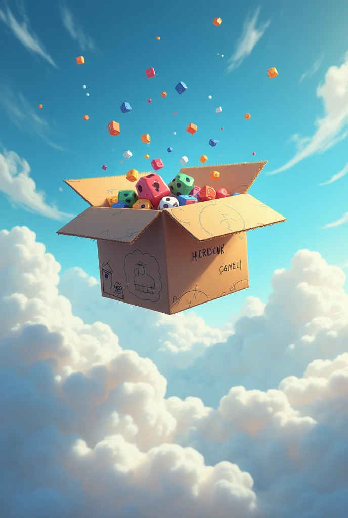 Cardboard box in the clouds with games inside