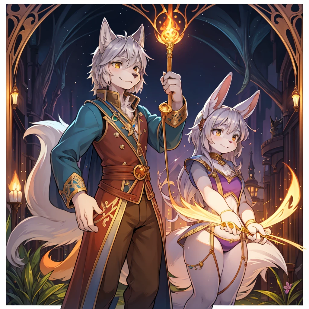 Mucha style , Adventure fantasy, the magician old silver wolf , with the droopy-eared swordsman orange rabbit girl , The Swordsman supports the Magician while he is casting a spell.