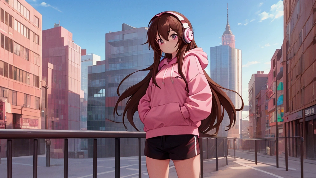 1girl, long brown hair, pink oversized fluffy hoodie, shorts, best quality, 8k quality, sunny sky, city downtown, chilling, headphones, listening to music