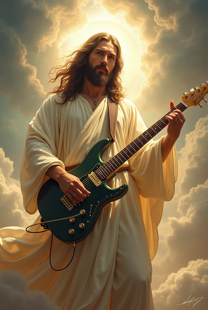 Jesus playing an eletric guitar