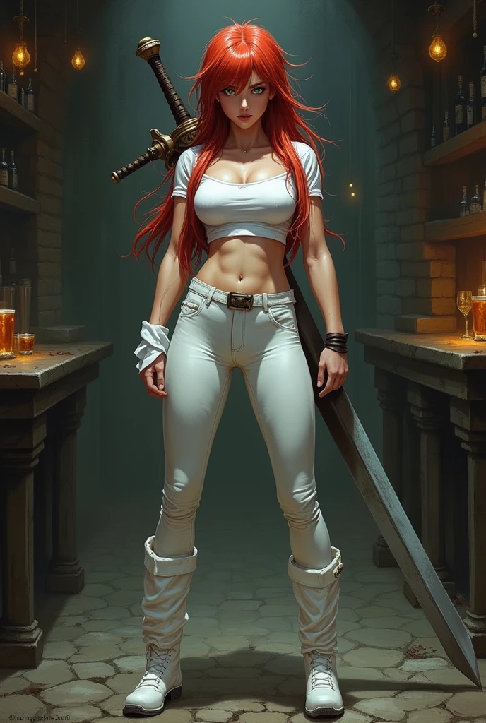 grimdark fantasy, a 2 girl with long spiky red hair and round face with green eyes and strong body with wide hips and big breasts and wearing a tight white t-shirt with cleavage and tight white trousers and short white boots and a white cloak with a greatsword at her back standing in a tavern, Mogudan in flesh