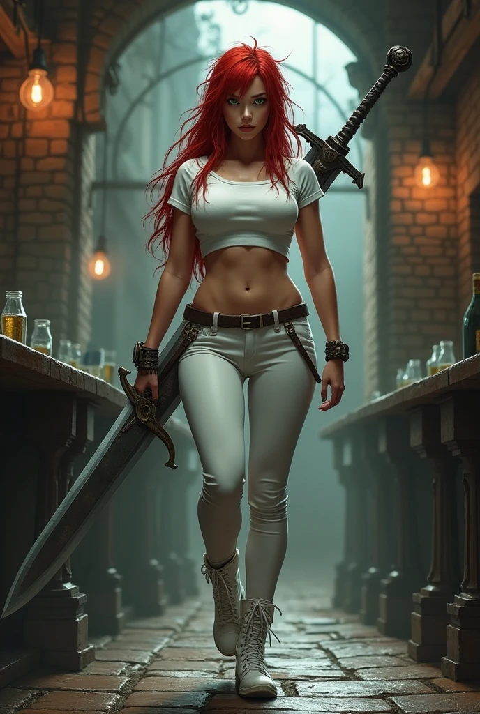 grimdark fantasy, a 2 girl with long spiky red hair and round face with green eyes and strong body with wide hips and big breasts and wearing a tight white t-shirt with cleavage and tight white trousers and short white boots and a white cloak with a greatsword at her back standing in a tavern, Mogudan in flesh