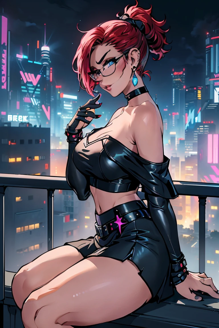 1girl, beautiful elf woman, ((Short Red Hair, Straight, has shine)) Blue eyes, double eyelids, light effect on eyes, detailed irises, beautiful curvy body, glasses, ((Off the Shoulder sleeveless Black top with mini skirt: 1.5)), black choker, black panties, black high heels, ((Work of art, hyper-realistic, hyper detailed, Best Quality, 16k, light and shadow on skin, vivid colors)), ((leaning on balcony overlooking cyberpunk city, hands resting on balcony leaning onto it: 1.5)), Lustful Expression, ((Hands resting on top of chest)) perfect lips, sexy mature face, lots of freckles all over body, full pouty lips, extreme blush, sensual smile, ((Night)), moonlit sky, Flirting with the viewer, Looking at viewer, Flirty Lewd Smile, ((Large Breasts: 1.2)) ((Full Side View))