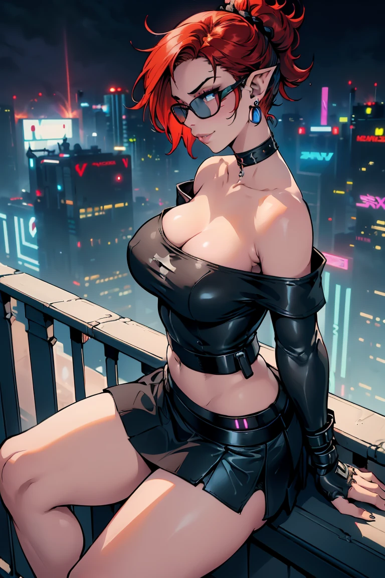 1girl, beautiful elf woman, ((Short Red Hair, Straight, has shine)) Blue eyes, double eyelids, light effect on eyes, detailed irises, beautiful curvy body, glasses, ((Off the Shoulder sleeveless Black top with mini skirt: 1.5)), black choker, black panties, black high heels, ((Work of art, hyper-realistic, hyper detailed, Best Quality, 16k, light and shadow on skin, vivid colors)), ((leaning on balcony overlooking cyberpunk city, hands resting on balcony leaning onto it: 1.5)), Lustful Expression, ((Hands resting on top of chest)) perfect lips, sexy mature face, lots of freckles all over body, full pouty lips, extreme blush, sensual smile, ((Night)), moonlit sky, Flirting with the viewer, Looking at viewer, Flirty Lewd Smile, ((Large Breasts: 1.2)) ((Full Side View))
