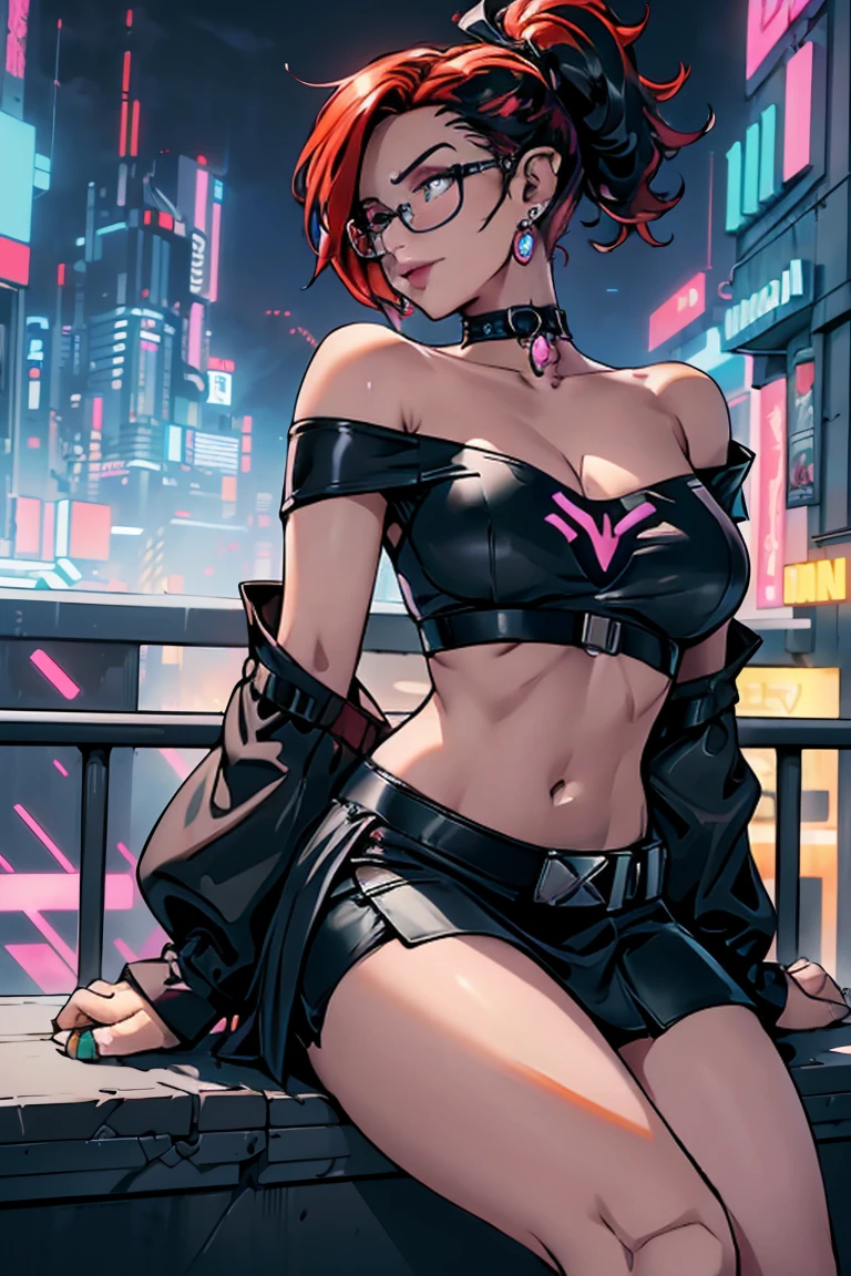 1girl, beautiful elf woman, ((Short Red Hair, Straight, has shine)) Blue eyes, double eyelids, light effect on eyes, detailed irises, beautiful curvy body, glasses, ((Off the Shoulder sleeveless Black top with mini skirt: 1.5)), black choker, black panties, black high heels, ((Work of art, hyper-realistic, hyper detailed, Best Quality, 16k, light and shadow on skin, vivid colors)), ((leaning on balcony overlooking cyberpunk city, hands resting on balcony leaning onto it: 1.5)), Lustful Expression, ((Hands resting on top of chest)) perfect lips, sexy mature face, lots of freckles all over body, full pouty lips, extreme blush, sensual smile, ((Night)), moonlit sky, Flirting with the viewer, Looking at viewer, Flirty Lewd Smile, ((Large Breasts: 1.2)) ((Full Side View))