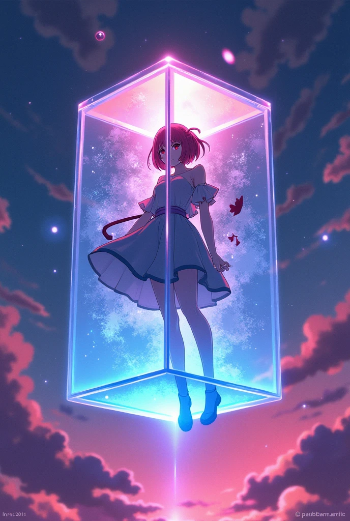 Create a anime thumbnail for music playlist, random colour on background, the character in the middle inside of a cube