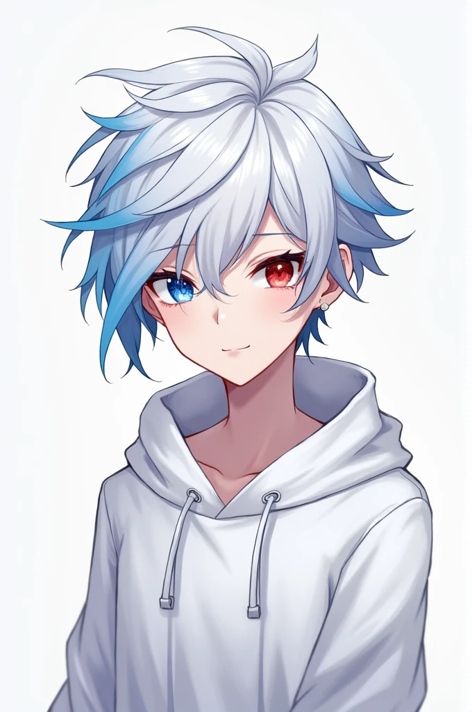Hoodie White blue hair and red hair eyes blue and eyes red anime boy