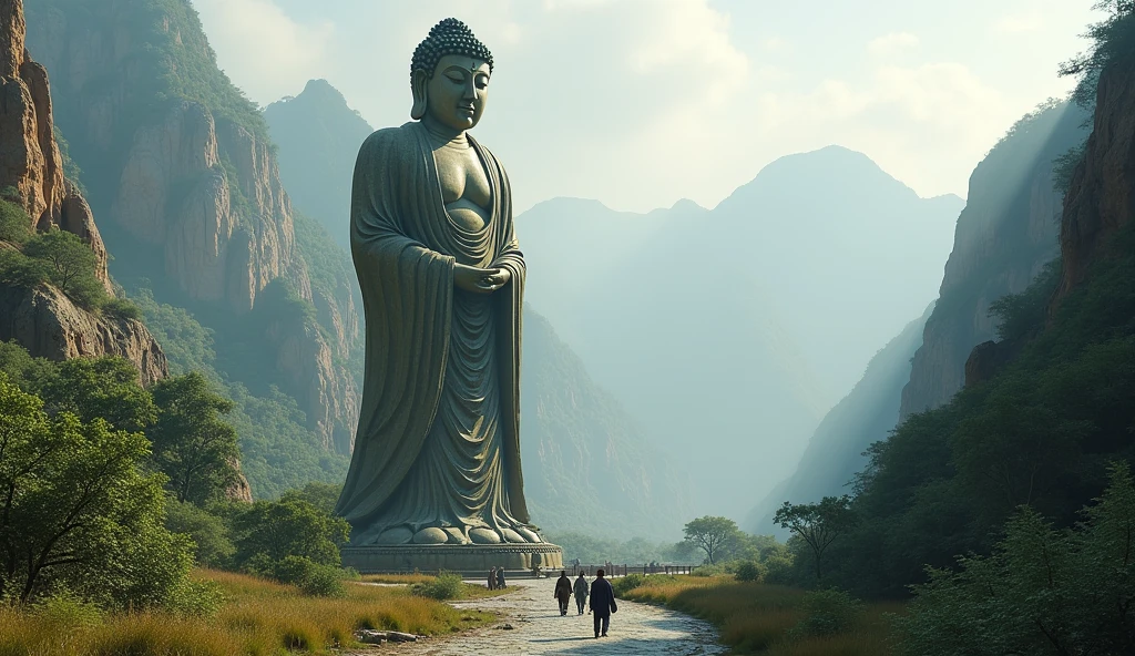 Giant Buddha statue, A small amount of moss,stone, Texture, Tall, Majestic,Back to the mountains,illumination,Ancient stone statues,frontage,Pilgrims on the road,Clear facial features,No leakage of the body,amd more people
