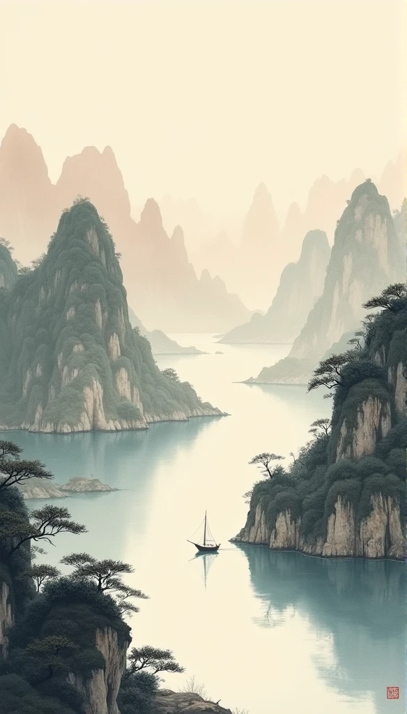 Chinese landscape painting,ink and watercolor painting,water ink,ink,Soil,Vision,Ultra-wide viewing angle,meticulous,There is a light boat in the distance,Vision,meticulous,Soil,Low saturation,Low contrast,The boat has passed thousands of mountains,Beautifully depicted,detailed,Acura,masterpiece,masterpiece