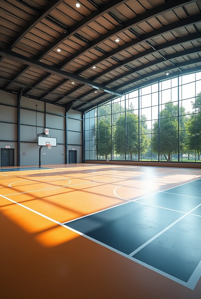 A basket ball court made of Terrazzo flooring and metal steal housing and multi task with volleyball,net ball add Terrazzo flooring/polished stone floor make it multi task indoor steal housing