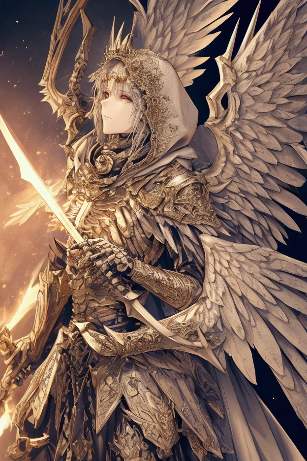 Realistic, 4K, Angel ,Skeleton King with intricate details, Detailed information items and skill images are displayed with dynamic effects + With big wings, sword, Wearing a hood、War background images (chaos)
