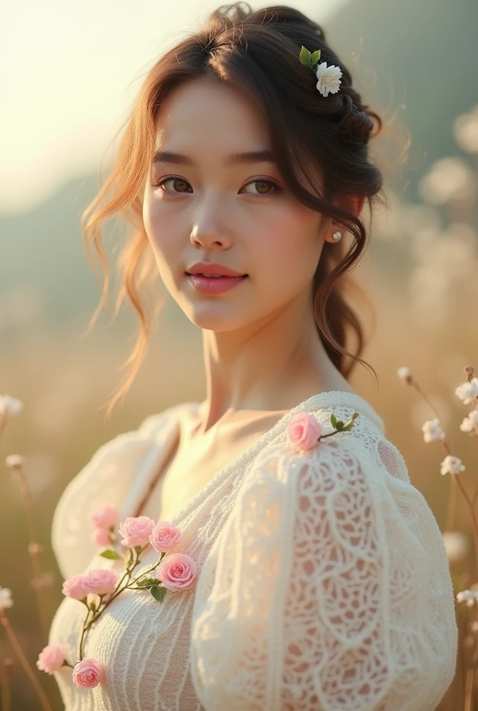 European woman model wearing white knitted blouse with puff sleeves and lots of small grouped crochet flowers in romantic pink