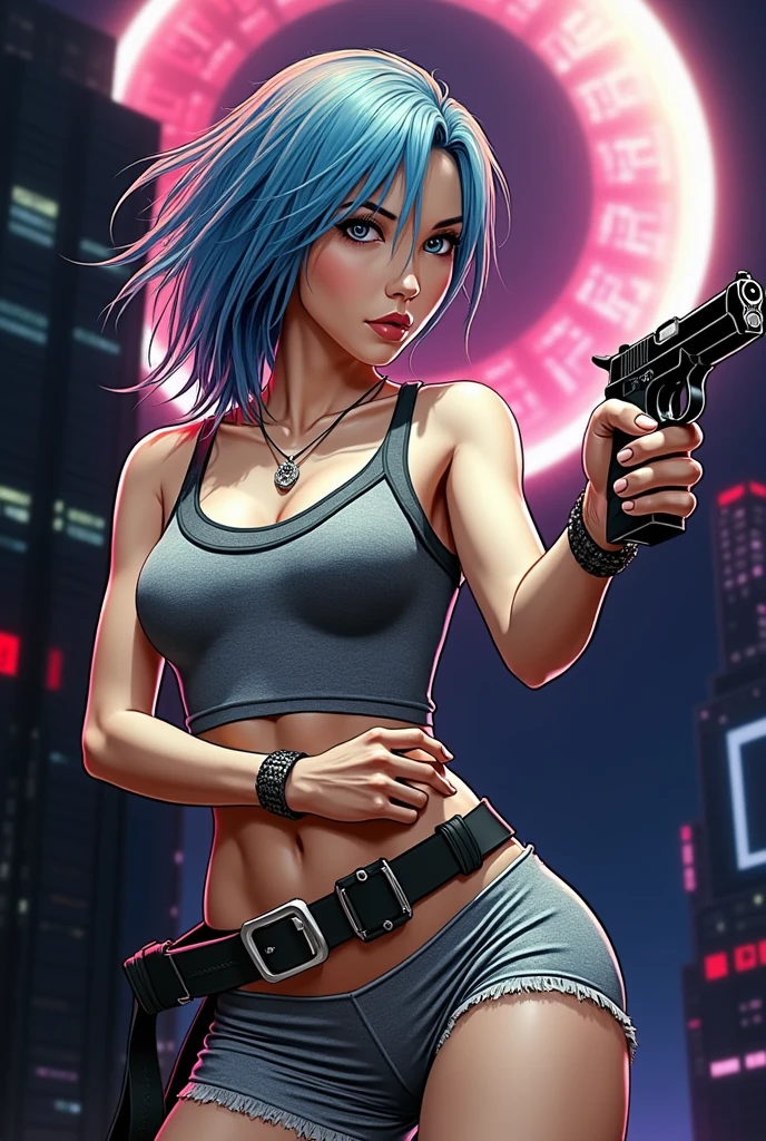 CYBERPUNK,EDGERUNNERS,blue hair,asian woman holding a gun in a city with a skyscraper in the background, trinity from the matrix, trinity the matrix, in the new matrix movie, dramatic wielding gun pose, neo from the matrix, from matrix(1999), from matrix ( 1 9 9 9 ), matrix), matrix ), agents from the matrix movie, matrix movie color grading