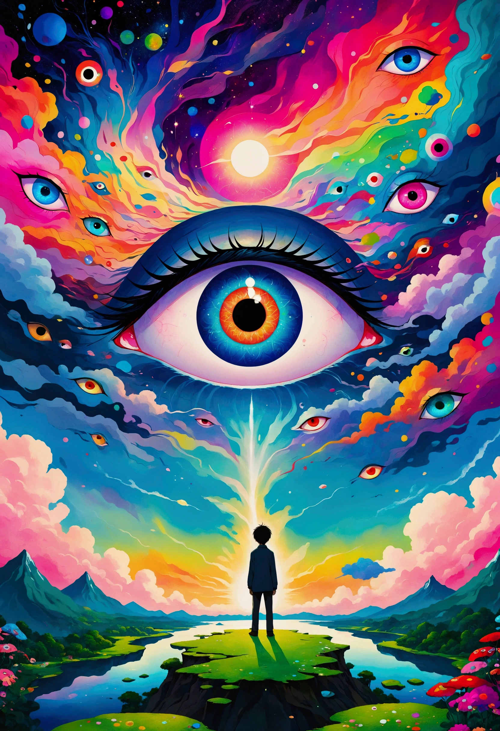 The painting shows a man standing in front of a colorful eye, Illustration of Murakami Chemical, pixiv, Concept Art, Fantasy psychedelic anime, Color illustrations, Psychedelic illustration, Look into my eyes, Blurred dreamy illustration, human eyes, Blurred dream illustration, an eye, No Eyes, Keep your eyes open, Eye of the Universe