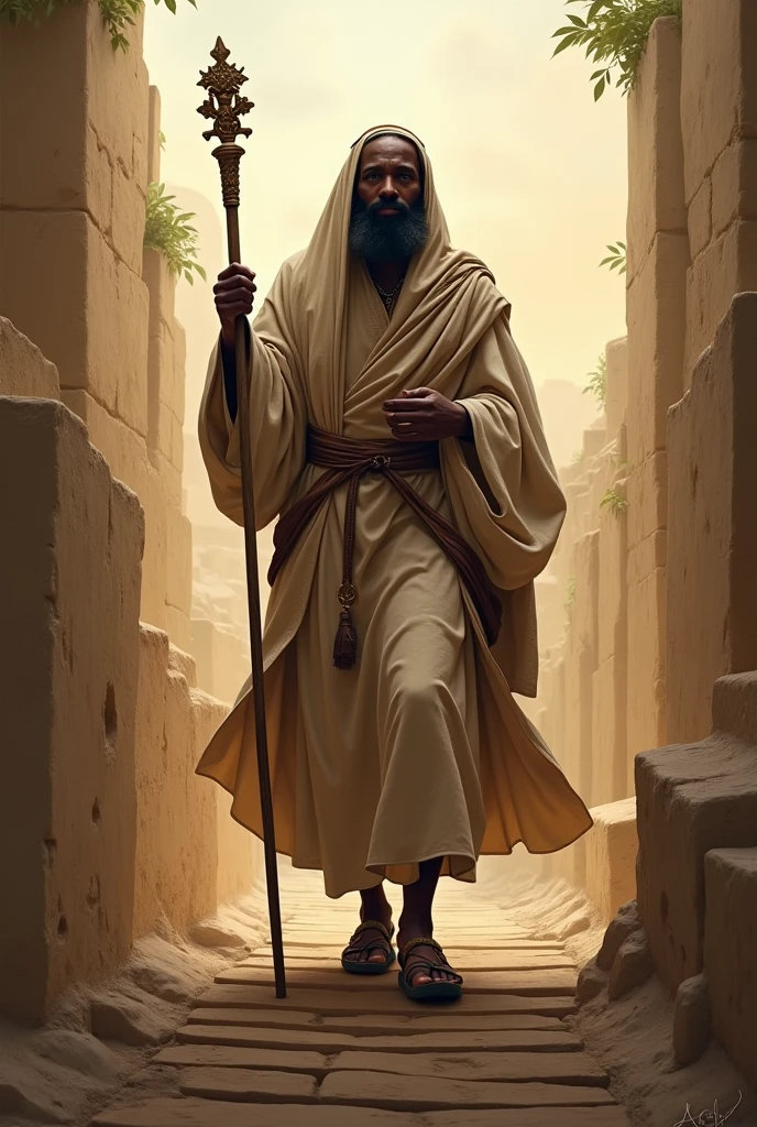 Homem etiope going up a ramp, descendant of Solomon in typical Jewish clothing, going up a ramp, holding a staff full body.