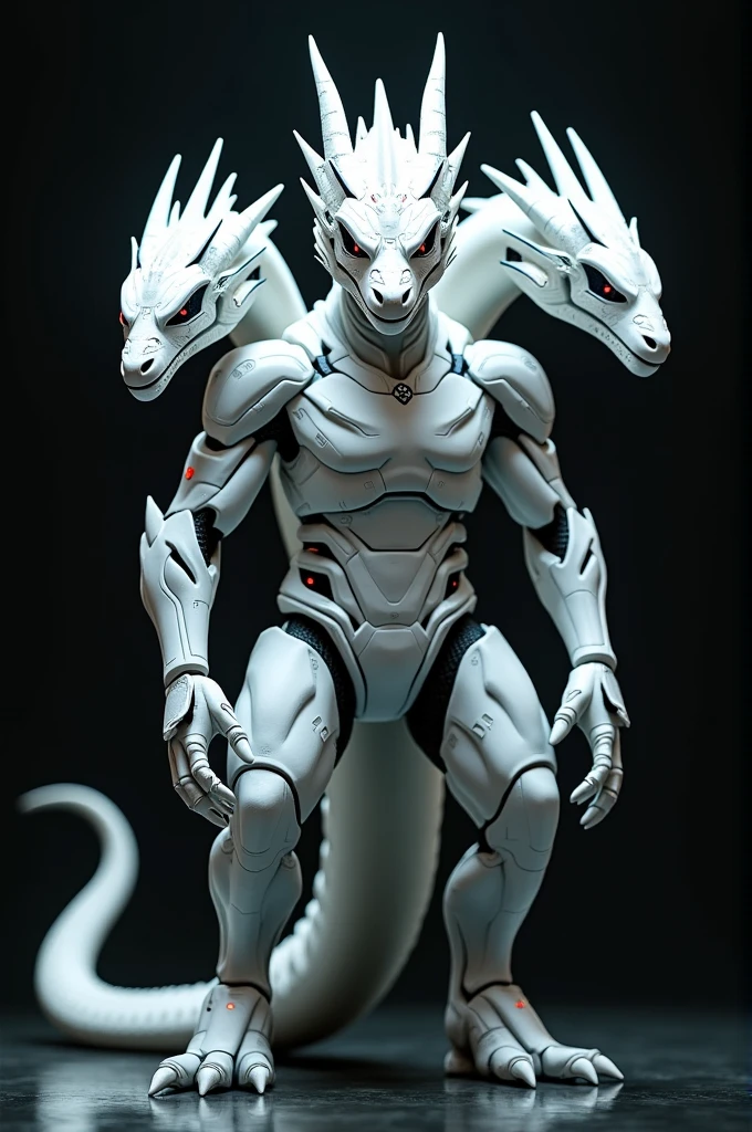 Three-headed dragon in white cyborg costume looking stright with black background