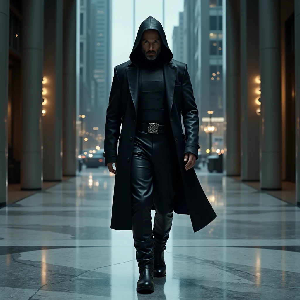 image haute qualité 16K, photo réaliste, vu de très haut, près que vol d'avion. Un homme 40 ans Keanu Reeves de physique élancer, mesurant 1,80 mètre, se tient debout avec assurance marchant avec détermination faisant face a la camera. Sa silhouette imposante est mise en valeur par une musculature robuste, témoignant d'une force physique impressionnante. Il est vêtu d'une tenue principalement noire, avec un tissu épais qui semble à la fois fonctionnel et élégant. Sur son torse, il porte un plastron noir mat, renforçant sa protection tout en conservant une apparence furtive. Un long manteau en cuir épais, également noir, légèrement ouvert, bougeant au rythme de ses pas, accentuant l'aura de mystère qui l'entoure. Sa capuche ample, tirée profondément sur sa tête, plonge son visage dans une obscurité totale, dissimulant ses traits et ajoutant une note énigmatique à sa présence. Même sous la lumière douce d'une nuit noir, son visage reste indiscernable, caché dans l'ombre, Ses pieds sont chaussés de bottes noires de style Rangers, renforcées et adaptées pour l'action. Autour de sa taille, un ceinturon en cuir solide est maintenu par une boucle argent. Le héros mystérieux se tient là, calme et serein, marchant d'un déterminer dans un grand hall d'immeuble de bureau laissant des trace de pas sur un sol en marbre gris blanc. Derrière lui une grande porte d'entrée vitré de bas en haut, laissant apparaitre une ville dans la nuit en profondeur.