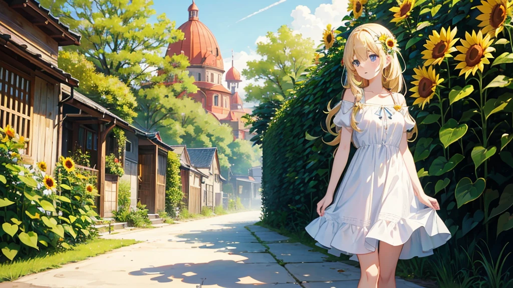 Anime Style、cute、Long Hair、Blonde、blue eyes、Small breasts、garden、stroll、White dress、sunflower、black ribbon on the head