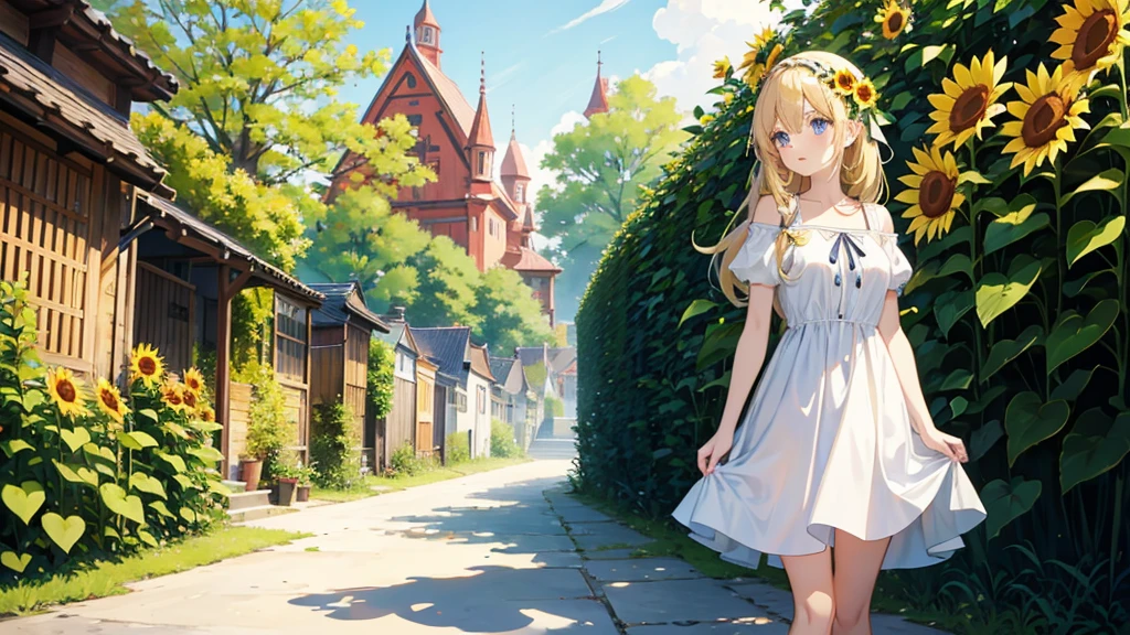 Anime Style、cute、Long Hair、Blonde、blue eyes、Small breasts、garden、stroll、White dress、sunflower、black ribbon on the head