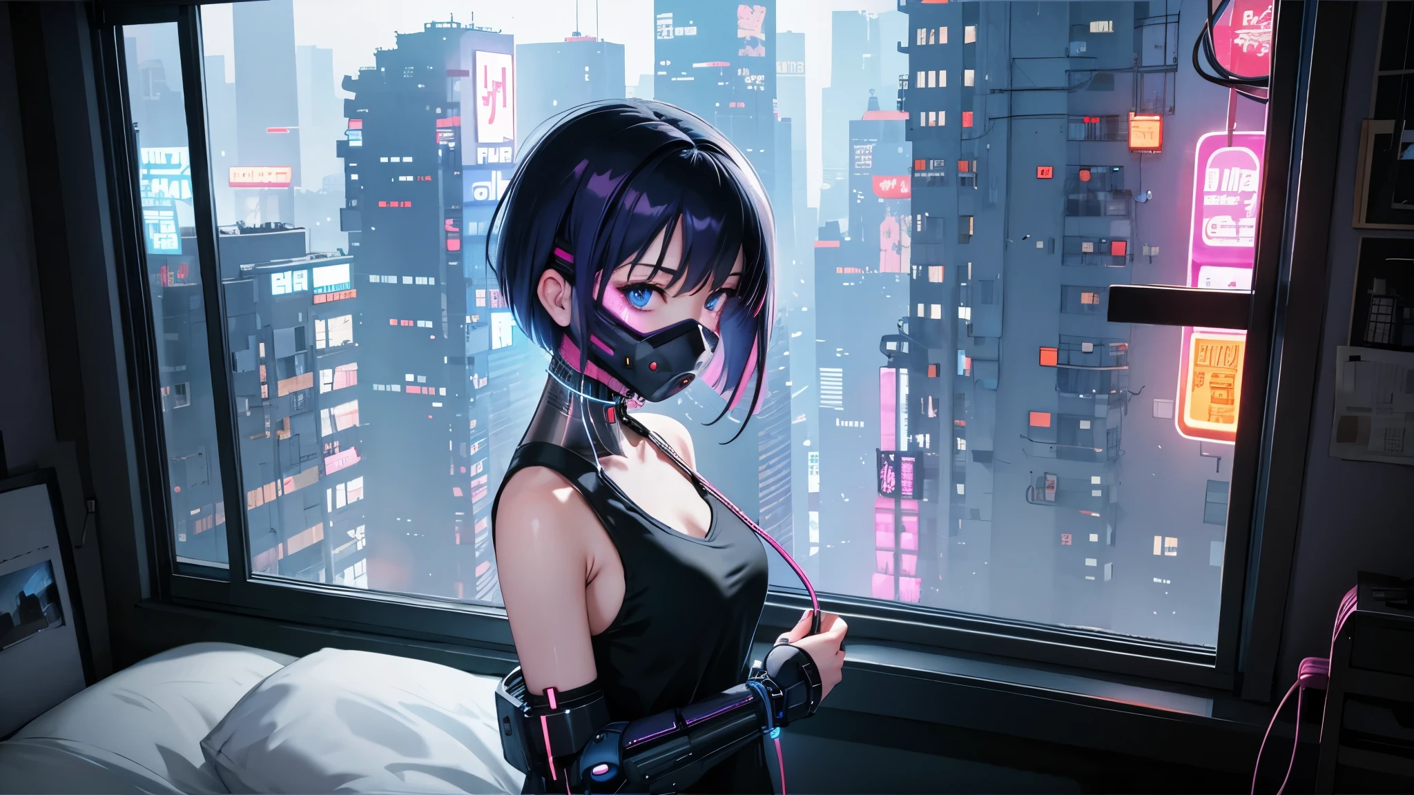 One person, alone, mask, Landscape,Looking out the window,night,Relax in a modest bed,Short Hair,, whole body, Black Hair, mouth mask, Holding, blue eyes, Tank top, A single room with a very large window, , Halftone, cable,Neon Light,(cyber punk:1.2),