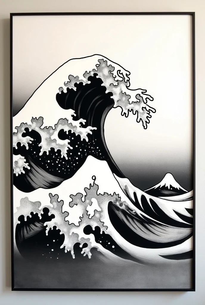 beautiful Japanese painting in black and white of crashing waves in a rectangular frame