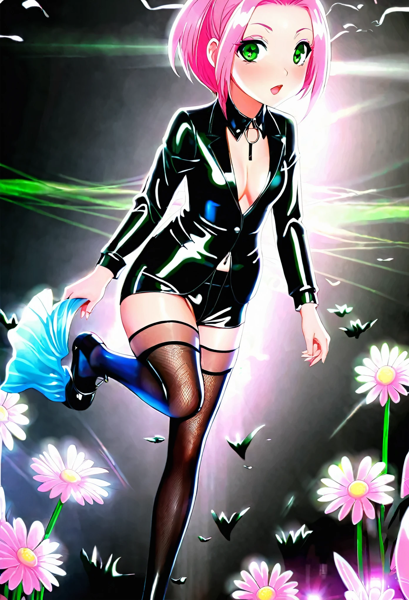 Anime portrait, Young anime girl, Digital Animation Art, Stunning anime face portraits, Anime style portrait, digital Anime Illustrations, Anime portrait, Anime Illustrations,Latex clothing,Latex clothing,latex latex latex latex latex latex,Pink Hair,Pink Hair,Pink Hair,Black衣服,Black衣服,The belly clothing is semi-transparent,The belly clothing is semi-transparent,The belly clothing is semi-transparent,,aggrieved look,aggrieved look,)((BlackHigh-heeled sandals,High-heeled sandals ,High heeled sandals))(~,Black,Latex clothing,Green Eyes,Green Eyes,Black,Black,Black,Shiny latex suit,((Navel)),((Collar)),(脖子上带着Collar),(Collar上有一根链子),(Black transparent),(Fishnet stockings),(Women's suit),(Clothes are cut off below the chest),(Shiny latex suit),(Clothes are cut off below the chest),(Fishnet stockings),Collar,Collar,Neck Ring,Neck Ring,,,,