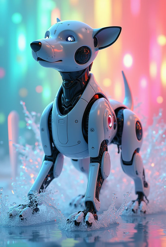 Dog robot with ice and water flying in rainbow


