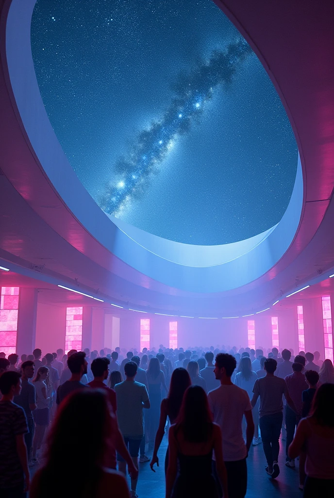 A Techno Club Where the ceiling is Opened up to the stars at night and everyone inside is staring at them