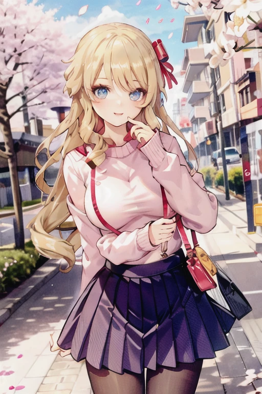 1girl, navia \(genshin impact\), solo, school uniform, white shirt, sweater, pleated skirt, pantyhose, light smile, looking at viewer, outdoors, street, cherry blossoms, petals, depth of field, masterpiece