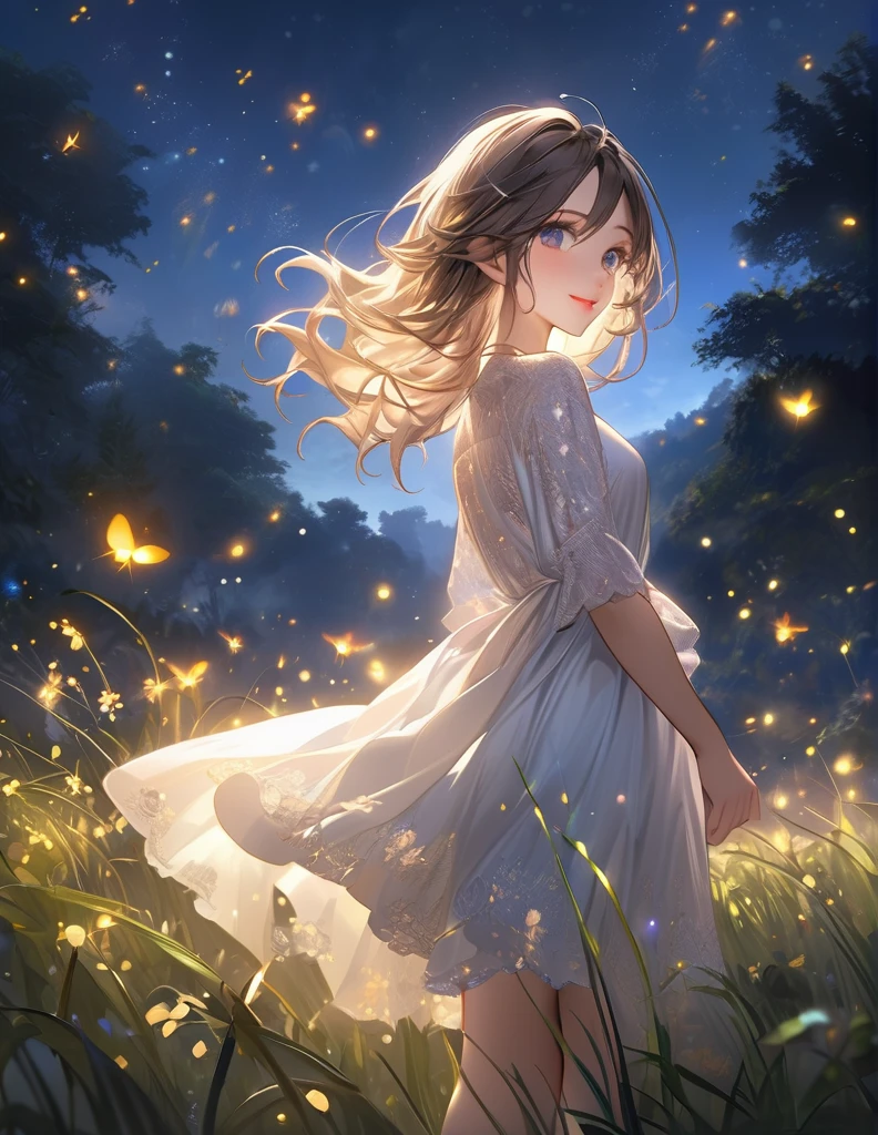masterpiece:1.2,highest quality, highres, 16k, ultra-realistic:1.37, beautiful detailed, Beautiful girl, Standing in a beautiful posing, gently smile, flowing hair, Night Grassland, fireflies in hands, fireflies on hair, Many fireflies fly around:1.3, Fireflies dancing wildly:1.3, Countless fireflies:1.3, Trails of many fireflies:1.3, beautiful delicate(hair,face,eyes,pupils,white dress,anklet,knee,fireflies), sparkling eyes, shining lips, behind view