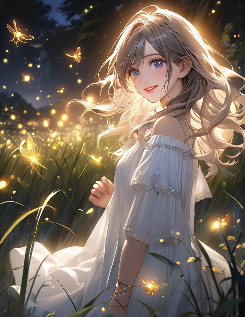 masterpiece:1.2,highest quality, highres, 16k, ultra-realistic:1.37, beautiful detailed, Beautiful girl, Standing in a beautiful posing, gently smile, flowing hair, Night Grassland, fireflies in hands, fireflies on hair, Many fireflies fly around:1.3, Fireflies dancing wildly:1.3, Countless fireflies:1.3, Trails of many fireflies:1.3, beautiful delicate(hair,face,eyes,pupils,white dress,anklet,knee,fireflies), sparkling eyes, shining lips, behind view