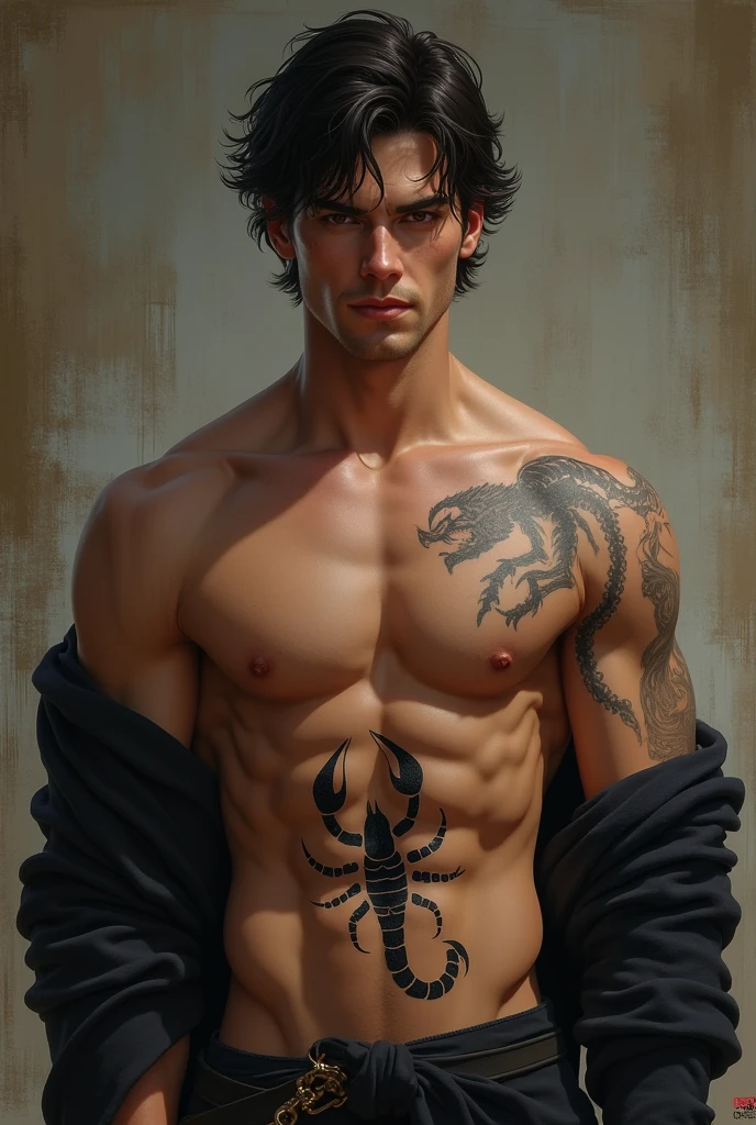 Create another man, Fisicamente , dark haired, eyes browns, skin fair, closed expression with a slight teasing smile, 1, 96 tall, athletic body, broad shoulders and back, slightly wavy hair, striking look also has a scorpion tattoo at belly level going down to the waist