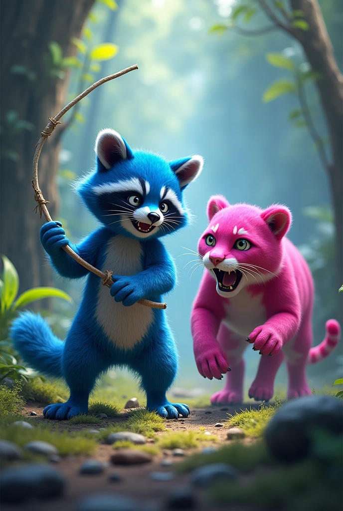A raccoon with blue fur with a whip in its hand hitting a panther with pink fur that runs away scared