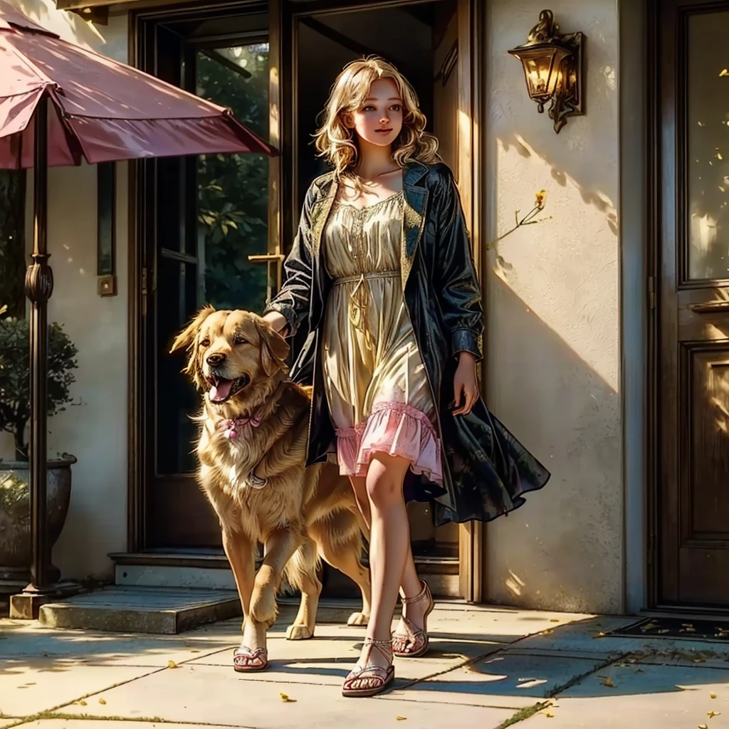 A young girl in a yellow sundress with white flowers and pink sandals running through a dense forest, with sunlight filtering through the trees. Her golden retriever, with glistening golden fur and a wagging tail, is close behind, playfully keeping an eye on her. The scene should show their playful bond and the natural beauty of the woods.