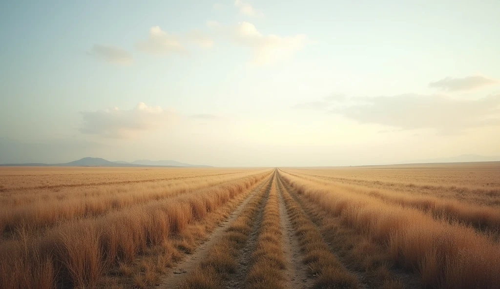 Images of a vast, deserted field, with the sky beginning to brighten with morning light