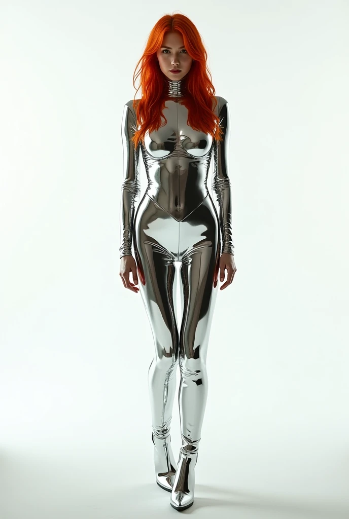Redhead woman in chrome mirrored outfit,with ankle boots and white background full body