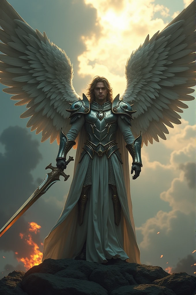 clearing, Hernandez! Imagine a war angel with majestic wings and shining armor. he has a determined expression, with eyes that shine like stars. His sword is long and ornate, reflecting light from a dramatic sky filled with dark clouds. The wings are large and imposing, with feathers that look like they're made of metal, ready to protect and fight. Ao fundo, a battle landscape, with sunbeams breaking through the clouds, symbolizing hope. What do you think of this description??