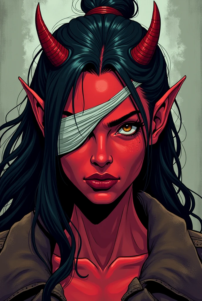 A tiefling woman, with red skin, black hair ,and small horn's , she is strong like an warrior, have her left eye covered in bandage's, the image should be LESS REALIST, more drawing  like, cover only her left eye with diagonal bandage 