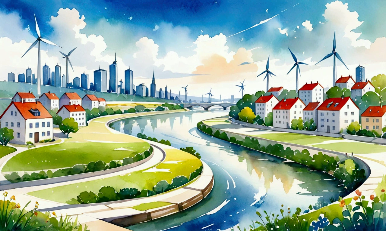 there is a picture of a city with a river and wind turbines, in an eco city, city landscape, city environment, landscape of a future city, simple illustration, flat illustration, the city is full of green plants, countryside city scene, city background, simple and clean illustration, detailed scenery —width 672, city panorama, city in backround, city scape