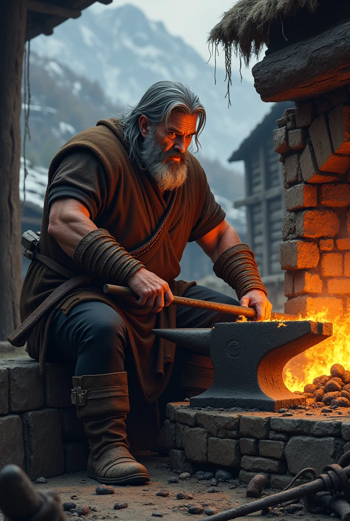 Old Viking Blacksmith, Scrawny, shoulder length gray hair, wearing a brown tunic, black pants, and an old boot.