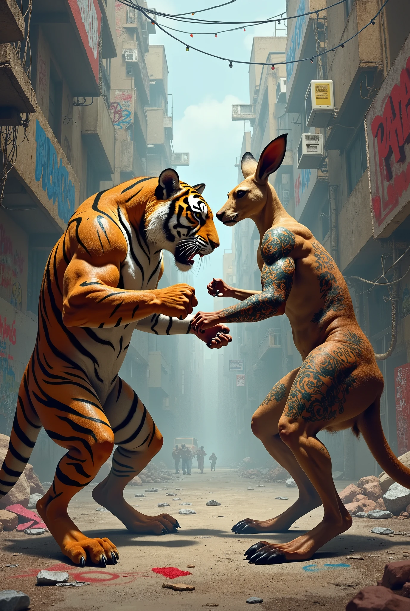 Tiger fighting box, with a kangaroo, both with tattoos on their arms, the setting would be in the middle of the city full of graffiti